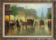 Horse Carriages And Peoples On Street at Dusk Oil Painting Cityscape Impressionism Ornate Antique Dark Gold Wood Frame 30 x 42 inches