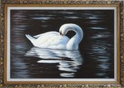 Beautiful White Swan Sleeps On The Dark Water Oil Painting Animal Naturalism Ornate Antique Dark Gold Wood Frame 30 x 42 inches