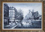 Black and White Paris Street with Notre Dame de Paris Oil Painting Cityscape Impressionism Ornate Antique Dark Gold Wood Frame 30 x 42 inches