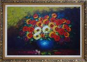 Red, Yellow and Blue Flowers Painting Oil Still Life Bouquet Impressionism Ornate Antique Dark Gold Wood Frame 30 x 42 inches