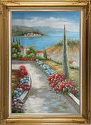 Beautiful Flowers Along the Coastal Walkway Oil Painting Mediterranean Naturalism Gold Wood Frame with Deco Corners 43 x 31 inches