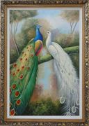  Blue and White Peacocks in Garden Oil Painting Animal Naturalism Ornate Antique Dark Gold Wood Frame 42 x 30 inches