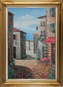 Greek Stone Alley With Flowers Overlooking Mediterranean Sea Oil Painting Naturalism Gold Wood Frame with Deco Corners 43 x 31 inches