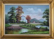 Small Creek In Front of Village Oil Painting Landscape River Classic Gold Wood Frame with Deco Corners 31 x 43 inches