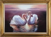 Two White Swans Enjoying Times On Golden Lake Oil Painting Animal Naturalism Gold Wood Frame with Deco Corners 31 x 43 inches