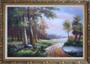Along a Muddy Path Oil Painting Landscape River Classic Ornate Antique Dark Gold Wood Frame 30 x 42 inches