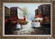 Outdoor Street Cafe on Paris Street Oil Painting Cityscape France Impressionism Ornate Antique Dark Gold Wood Frame 30 x 42 inches