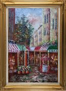 Traditional Paris Street Filled with Cafe and Hotel Oil Painting Cityscape France Impressionism Gold Wood Frame with Deco Corners 43 x 31 inches