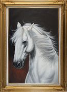 White Horse With Long Manes in Brown Background Oil Painting Animal Naturalism Gold Wood Frame with Deco Corners 43 x 31 inches