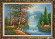Small Cascade Waterfall with Tall Red Leaf Tree Autumn Scenery Oil Painting Landscape Naturalism Ornate Antique Dark Gold Wood Frame 30 x 42 inches