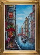 A Lonely Gondolier On Venice Street Oil Painting Italy Impressionism Gold Wood Frame with Deco Corners 43 x 31 inches