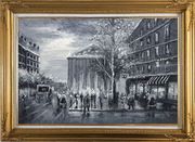 Black and White Paris Street Scene Near Madeleine Oil Painting Cityscape Impressionism Gold Wood Frame with Deco Corners 31 x 43 inches