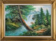 Waterfall and Cascades Down from Green Alpine Forest Oil Painting Landscape Naturalism Gold Wood Frame with Deco Corners 31 x 43 inches