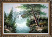 Fantastic Waterfall Scenery Oil Painting Landscape Naturalism Ornate Antique Dark Gold Wood Frame 30 x 42 inches