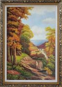 River Bridge With Tall Trees in Autumn Oil Painting Landscape Classic Ornate Antique Dark Gold Wood Frame 42 x 30 inches