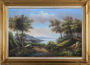 Beautiful Lakeside Landscape Oil Painting River Classic Gold Wood Frame with Deco Corners 31 x 43 inches