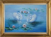 Lovely Pair of Swans in Pond around Pink Lilies Oil Painting Animal Naturalism Gold Wood Frame with Deco Corners 31 x 43 inches