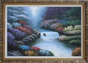 Water Stream Along Beautiful and Colorful Forest Oil Painting Landscape River Naturalism Ornate Antique Dark Gold Wood Frame 30 x 42 inches
