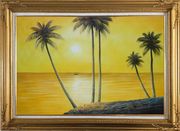 Beachside Palm Trees Under Golden Sunset Oil Painting Seascape America Naturalism Gold Wood Frame with Deco Corners 31 x 43 inches