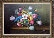 Still Life of Flowers Oil Painting Bouquet Classic Ornate Antique Dark Gold Wood Frame 30 x 42 inches