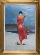 Beautiful Girl with Red Long Skirt Oil Painting Portraits Woman Impressionism Gold Wood Frame with Deco Corners 43 x 31 inches