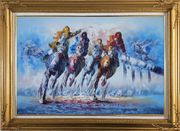 Spur on Galloping Horses in Racing Oil Painting Portraits Animal Modern Gold Wood Frame with Deco Corners 31 x 43 inches