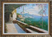 Scenic View of Mediterranean Floral Patio Oil Painting Naturalism Ornate Antique Dark Gold Wood Frame 30 x 42 inches