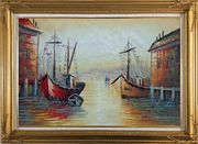 Fishing Boats Parks on Port Village Oil Painting Naturalism Gold Wood Frame with Deco Corners 31 x 43 inches
