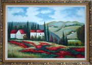 Tuscany Landscape Scene Oil Painting Field Italy Naturalism Ornate Antique Dark Gold Wood Frame 30 x 42 inches