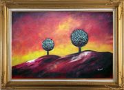 Two Trees Under Red Sky Oil Painting Landscape Decorative Gold Wood Frame with Deco Corners 31 x 43 inches