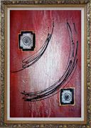 Black Lines in Red Abstract Oil Painting Nonobjective Modern Ornate Antique Dark Gold Wood Frame 42 x 30 inches