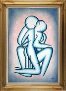 Modern Romantic Painting of Kiss Oil Portraits Couple Gold Wood Frame with Deco Corners 43 x 31 inches