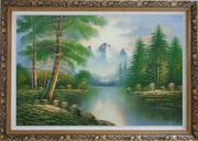 Quiet Path to Calm Lake within Forest Oil Painting Landscape Tree Naturalism Ornate Antique Dark Gold Wood Frame 30 x 42 inches