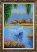 Pair of Swans in Lake Oil Painting Animal Naturalism Ornate Antique Dark Gold Wood Frame 42 x 30 inches