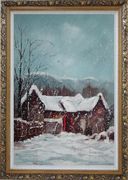 Cottage in Winter White Falling Snow Oil Painting Village Classic Ornate Antique Dark Gold Wood Frame 42 x 30 inches
