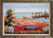 Red And Purple Flower Field in Tuscany of Italy Oil Painting Landscape Naturalism Ornate Antique Dark Gold Wood Frame 30 x 42 inches