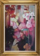 Elegant Pink Flowers in a Warm Setting Oil Painting Still Life Impressionism Gold Wood Frame with Deco Corners 43 x 31 inches