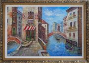 Cafeteria Along Two Water Streets with Bridges in Venice Oil Painting Italy Naturalism Ornate Antique Dark Gold Wood Frame 30 x 42 inches