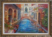 Beautiful Venice Street with Parked Boats And Flower Covered Buildings Oil Painting Italy Naturalism Ornate Antique Dark Gold Wood Frame 30 x 42 inches