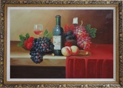 Still Life With Fruit, Glass of Wine, and Fruit Plates Oil Painting Classic Ornate Antique Dark Gold Wood Frame 30 x 42 inches