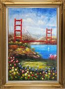 San Francisco Golden Gate Bridge Oil Painting Seascape America Naturalism Gold Wood Frame with Deco Corners 43 x 31 inches