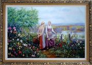 Two Ladies Talking On The Terrace Oil Painting Portraits Woman Classic Ornate Antique Dark Gold Wood Frame 30 x 42 inches