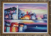 Victoria Bay Skyline Of Hong Kong Oil Painting Cityscape China Modern Ornate Antique Dark Gold Wood Frame 30 x 42 inches