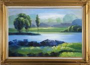 Lake, Mountain, Trees in A Green Setting Oil Painting Landscape River Impressionism Gold Wood Frame with Deco Corners 31 x 43 inches