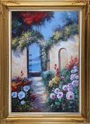 Blooming Flower Garden to Mediterranean Sea Oil Painting Naturalism Gold Wood Frame with Deco Corners 43 x 31 inches