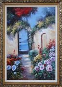 Blooming Flower Garden to Mediterranean Sea Oil Painting Naturalism Ornate Antique Dark Gold Wood Frame 42 x 30 inches