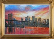 Brooklyn Bridge and Manhattan Skyline Oil Painting Cityscape America Impressionism Gold Wood Frame with Deco Corners 31 x 43 inches