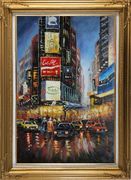 New York Time Square Street Scene Oil Painting Cityscape America Impressionism Gold Wood Frame with Deco Corners 43 x 31 inches