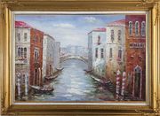 Parking Boats and Small Bridge of Canal of Venice Oil Painting Italy Impressionism Gold Wood Frame with Deco Corners 31 x 43 inches
