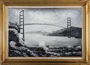 Black and White San Francisco Golden Gate Bridge Oil Painting Seascape America Naturalism Gold Wood Frame with Deco Corners 31 x 43 inches